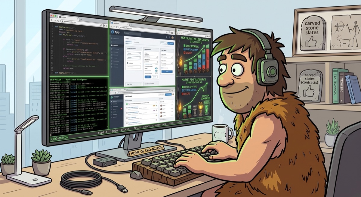 A caveman at a multi-monitor desk, tiling browser windows with Cro-Muxon.