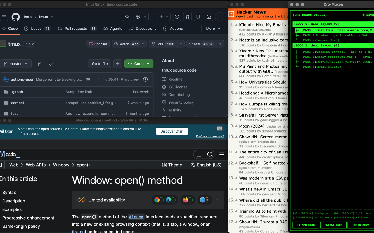 Cro-Muxon tiling GitHub, MDN, and Hacker News into three panes, with the dashboard open showing two tracked workspaces. Click to enlarge.