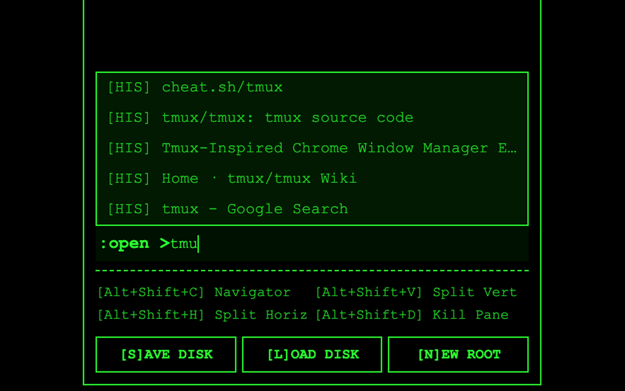 The dashboard's :open command bar with history autocomplete suggestions for tmux-related pages. Click to enlarge.